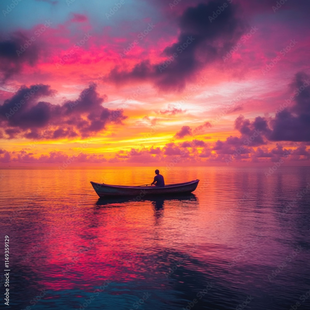 Solitary figure in a small boat at sunset, vibrant colors reflected in calm water. Solitary figure in a small boat at sunset, vibrant colors reflected in calm water.