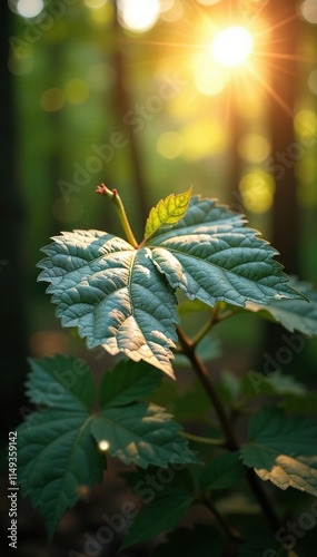 Silver leaf glimmering in sunlight filtering through trees, sunlight, tree, metal leaf photo