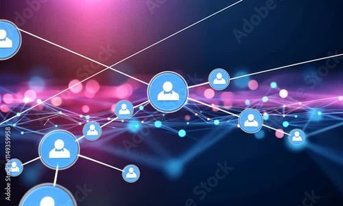 Abstract network with blue and pink lights on dark background.