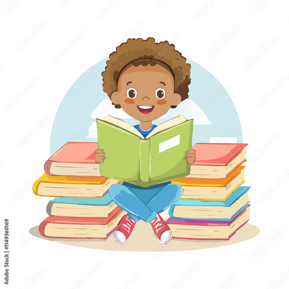 Cute african american boy reading a book. Vector illustration Cute african american boy reading a book. Vector illustration