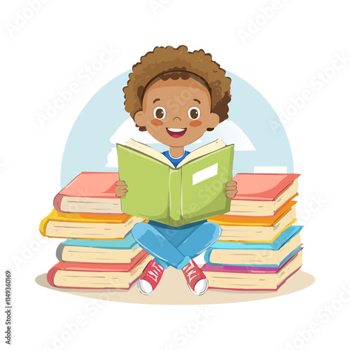 Cute african american boy reading a book. Vector illustration