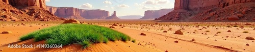 A patch of emerald green grass in a vast expanse of rust-red sand and rocky outcrops, unique scenery, arid soil photo