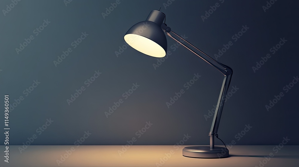 A modern silver metal desk lamp turned on, casting a warm glow on a minimalist workspace. A modern silver metal desk lamp turned on, casting a warm glow on a minimalist workspace.