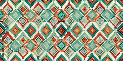 Vibrant geometric pattern with bold colors featuring diamonds and triangles in rich teal, terracotta, and cream tones.
