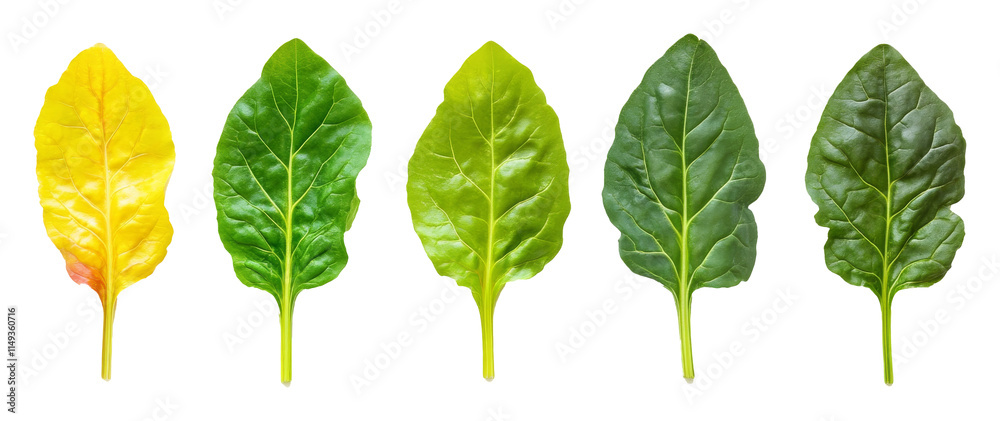 Colorful chard leaves in a row on white background Colorful chard leaves in a row on white background