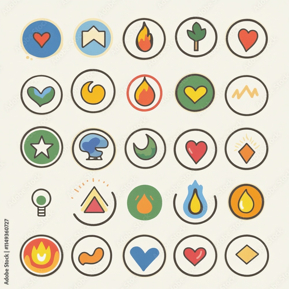 Colorful Circular Icon Set Hearts, Shapes, and Elements Colorful Circular Icon Set Hearts, Shapes, and Elements
