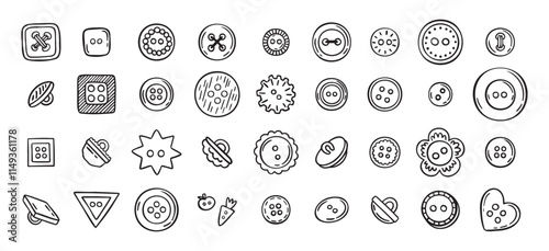 Sewing buttons line hand drawn doodle art icons set. Sewing accessories clothes various outline shapes. 