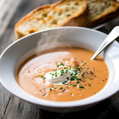 A bowl of creamy lobster bisque with a drizzle of sherry and a sprinkle of fresh chives, served in a rustic ceramic bowl, Bisque centered with steam rising from the surface