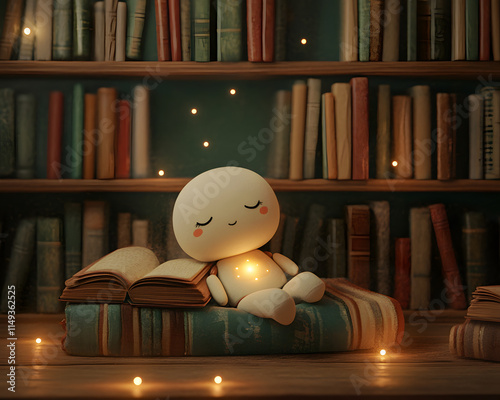 small humanoid robot peacefully sleeps on stack of books, surrounded by glowing lights in cozy library