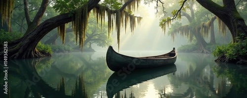 Old wooden canoe on a peaceful bayou with Spanish moss hanging from trees, reflection, misty atmosphere photo