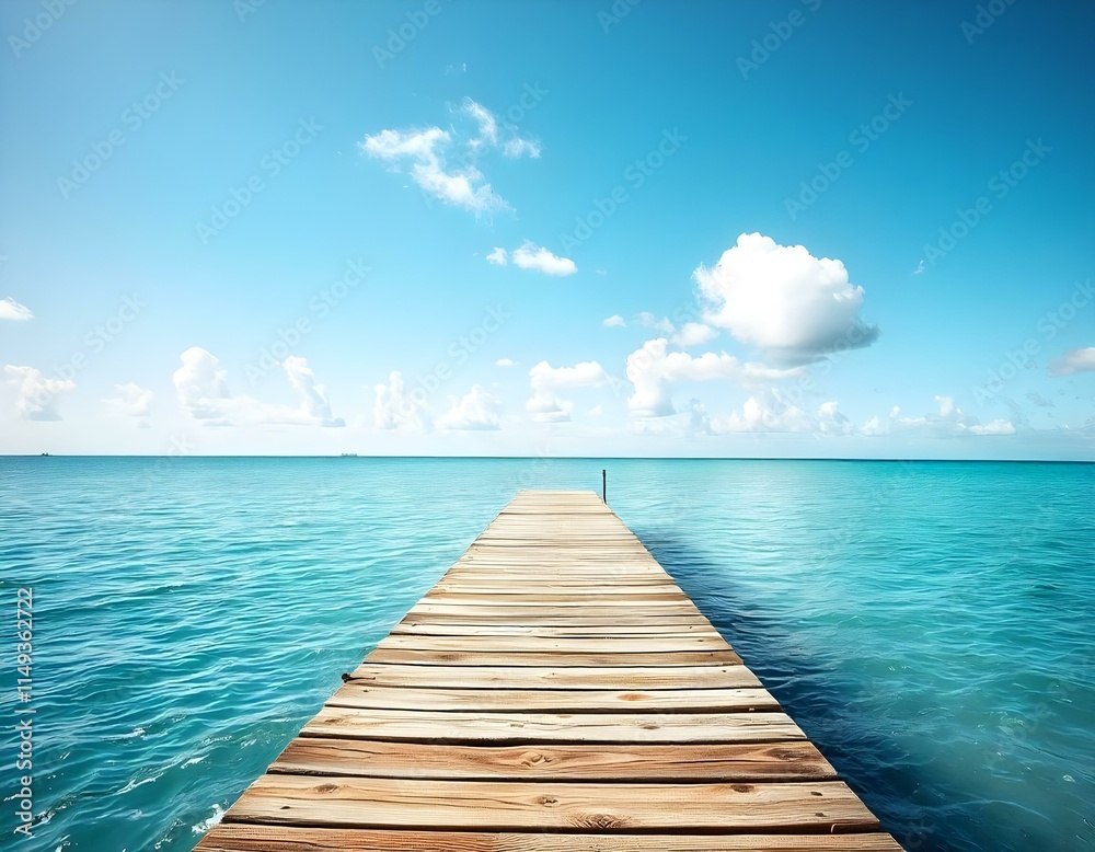 Obraz premium A long wooden dock or pier extending into a calm, turquoise blue ocean with a bright, clear sky in the background