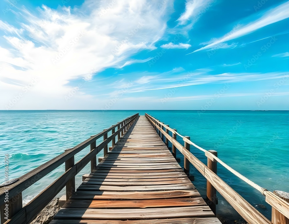 A long wooden dock or pier extending into a calm, turquoise blue ocean with a bright, clear sky in the background A long wooden dock or pier extending into a calm, turquoise blue ocean with a bright, clear sky in the background