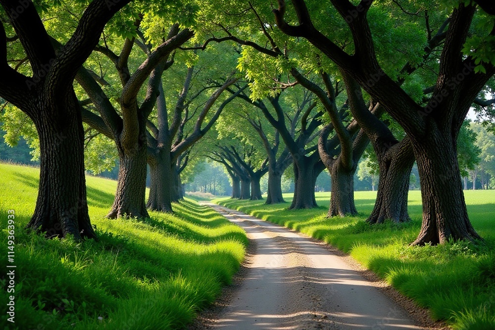 A narrow winding road meanders through a dense thicket of ancient cork oaks, woodland, road A narrow winding road meanders through a dense thicket of ancient cork oaks, woodland, road