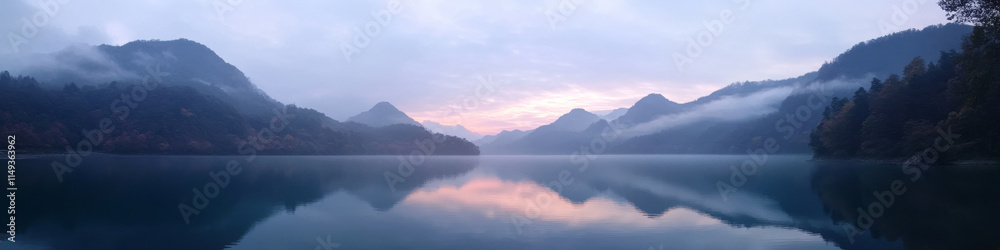 A panoramic view of a crystal-clear lake in the early morning, with calm, mirror-like waters reflecting the soft pink and orange hues of the sunrise, surrounded by mist-covered mountains. A panoramic view of a crystal-clear lake in the early morning, with calm, mirror-like waters reflecting the soft pink and orange hues of the sunrise, surrounded by mist-covered mountains.