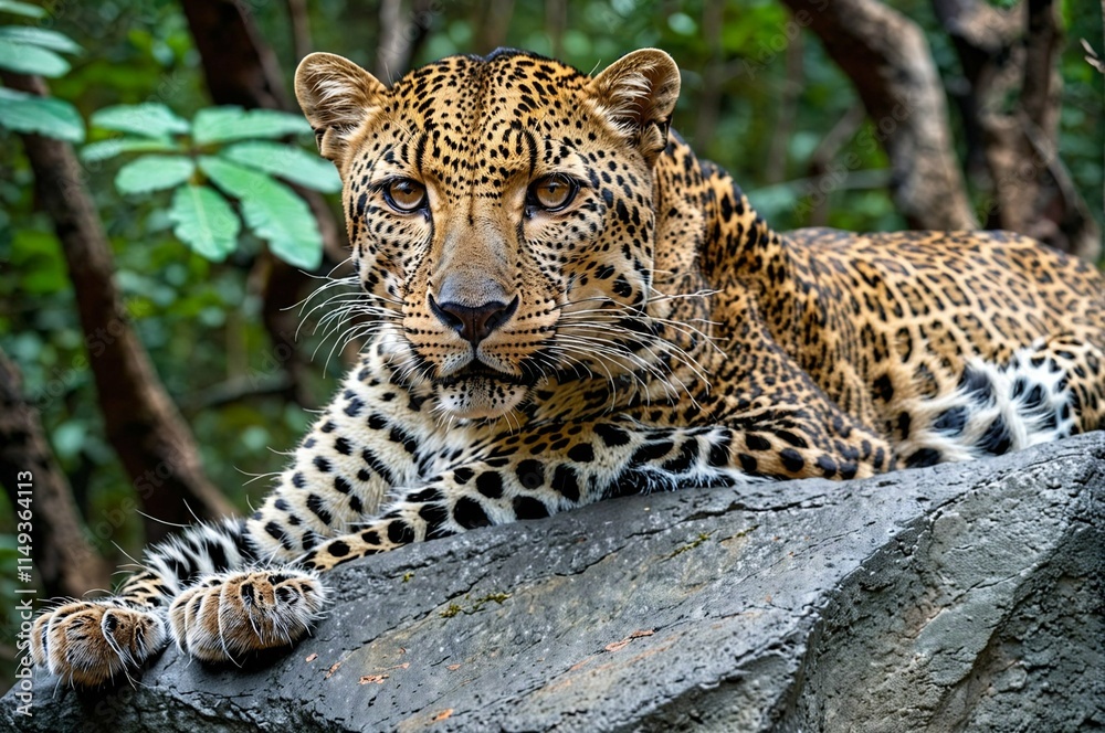Obraz premium A leopard is laying on a rock in a forest