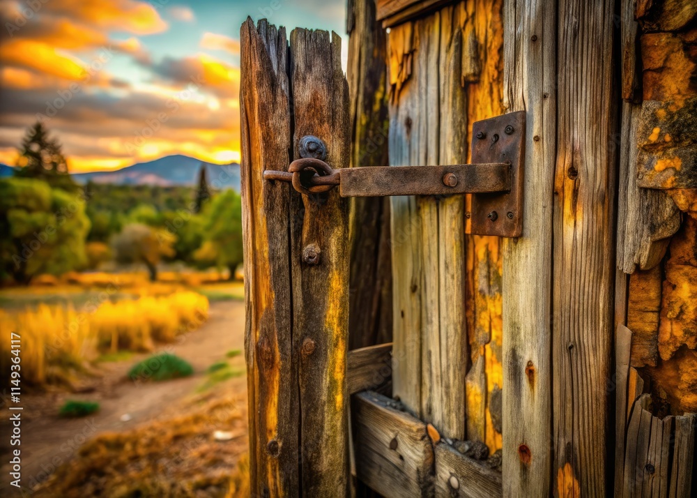 Rustic farm gate, a crooked wooden door, weathered fence; deep depth of field captures rural charm. Rustic farm gate, a crooked wooden door, weathered fence; deep depth of field captures rural charm.