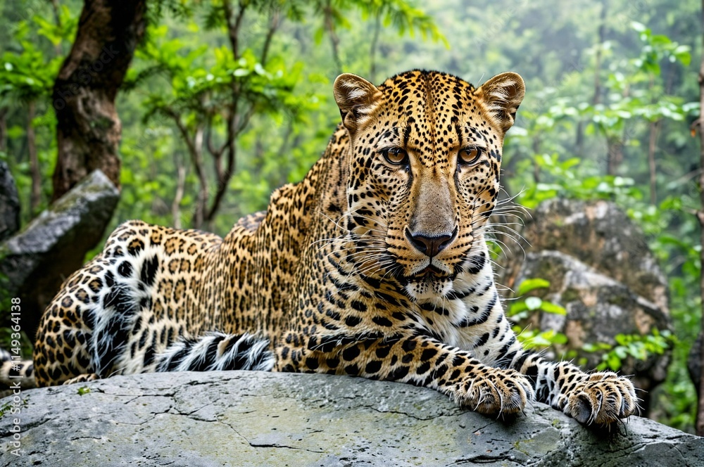 A leopard is laying on a rock in a forest A leopard is laying on a rock in a forest