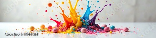 Candy explosion with rainbow colors splashing down onto a clean white tablecloth, spill, splash