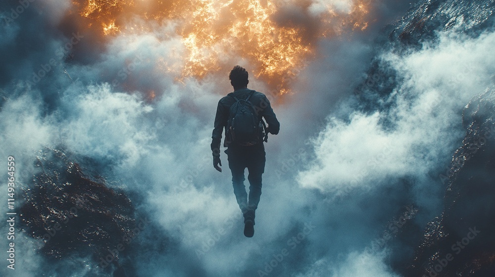 Surreal Journey: Man Flying Towards Fiery Sky Surreal Journey: Man Flying Towards Fiery Sky