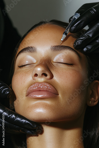 Beautician injecting filler into forehead of woman for facial rejuvenation
