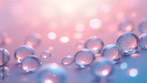 Transparent drops of water on a pink and blue background. Concept of freshness, purity, and hydration.