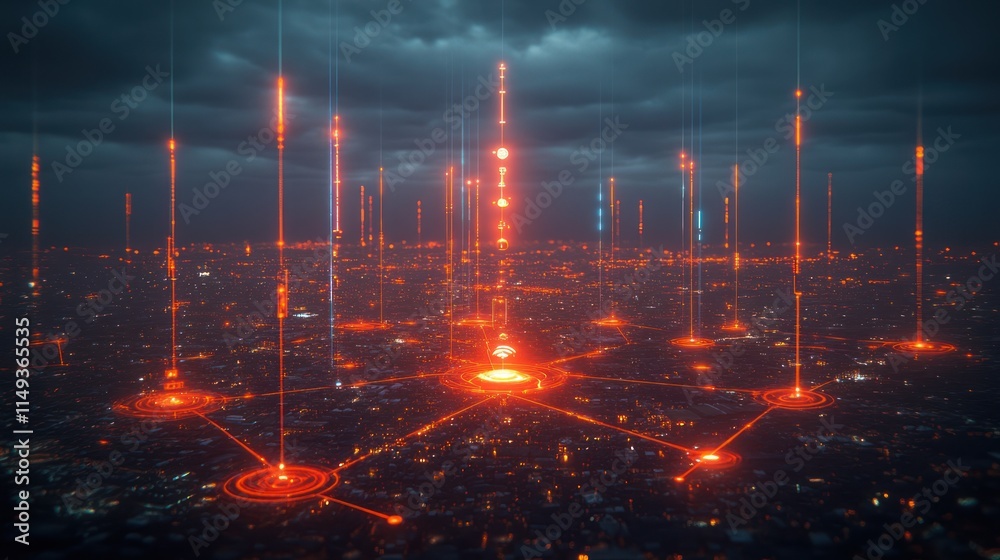 Fototapeta premium Futuristic city at night with glowing network connections.