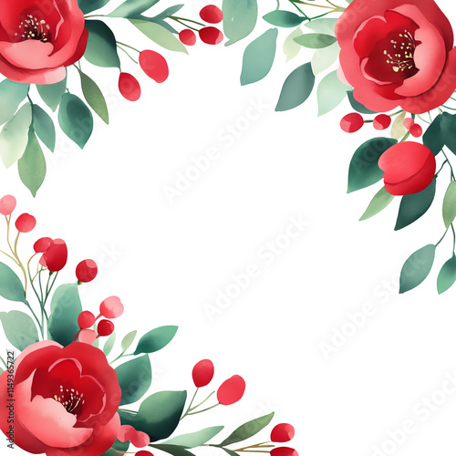 Beautiful floral frame featuring red roses and green leaves on a white background. photo