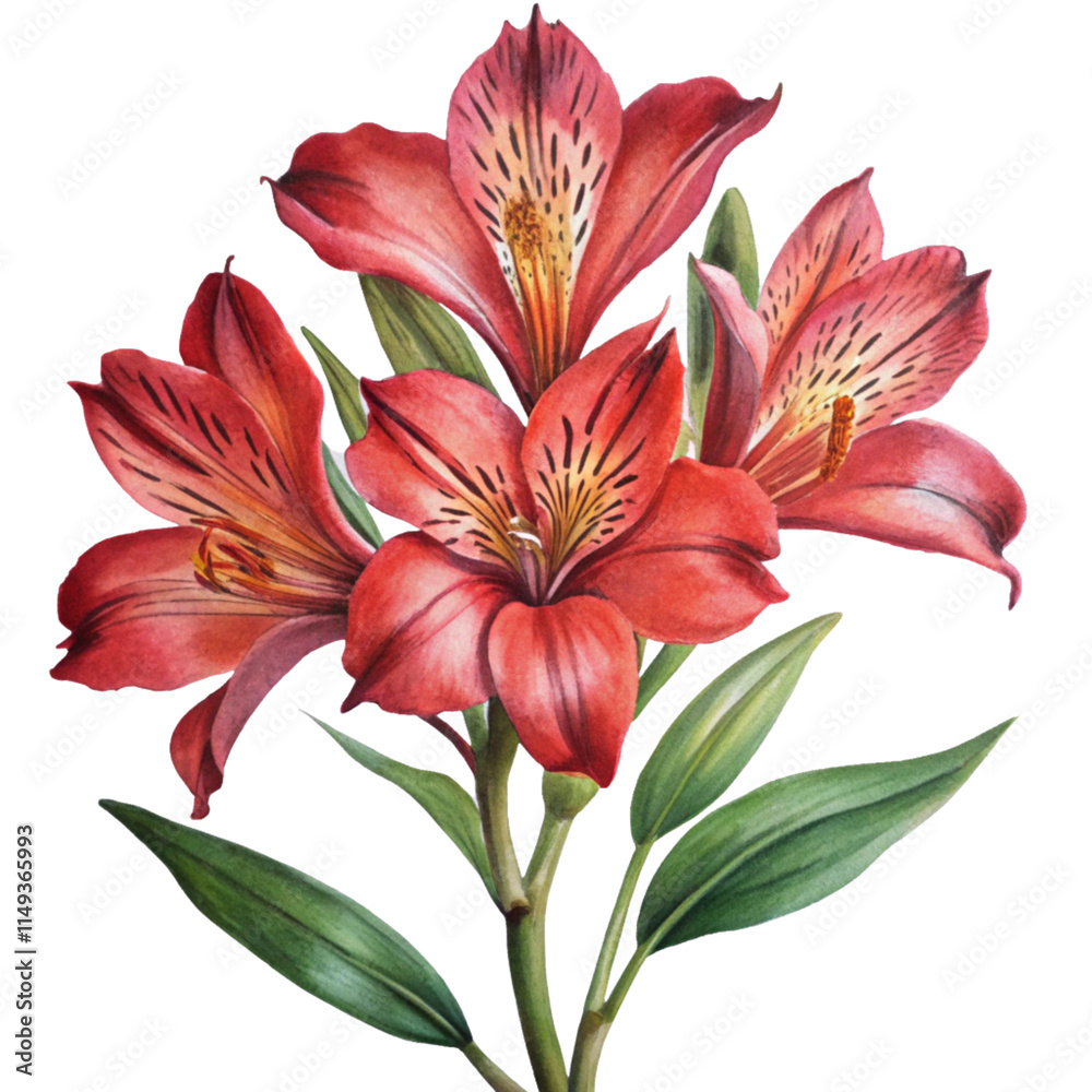 Fototapeta premium botanica watercolor illustration red alstroemeri isolated on transparent background 