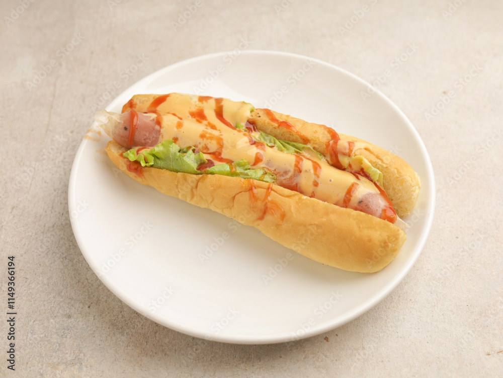 Hotdog with mayonnaise and ketchup drizzled on white background Hotdog with mayonnaise and ketchup drizzled on white background