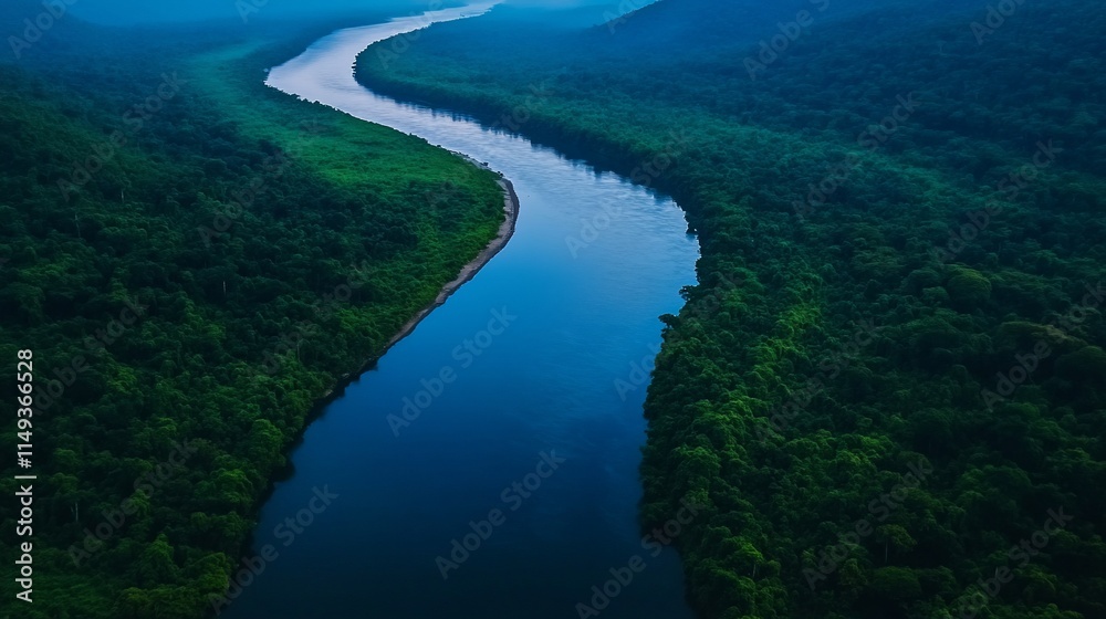 Aerial view of a winding river flowing through lush green rainforest. Aerial view of a winding river flowing through lush green rainforest.