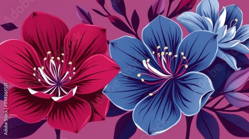 Bold red and blue flowers in a modern graphic illustration