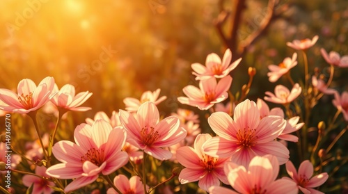 Pink wildflowers glowing in golden sunlight, nature close-up