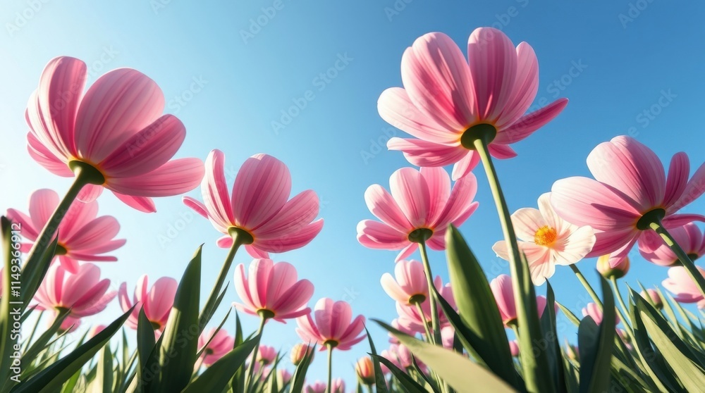 Fototapeta premium Low-angle view of pink flowers against a bright blue sky