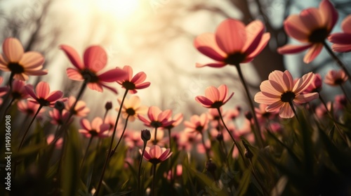 Pink wildflower field glowing in golden sunrise light