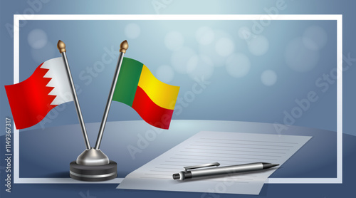 Bahrain and Benin National flags on small table with bokeh background, cooperative relationship