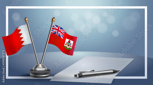 Bahrain and Bermuda National flags on small table with bokeh background, cooperative relationship