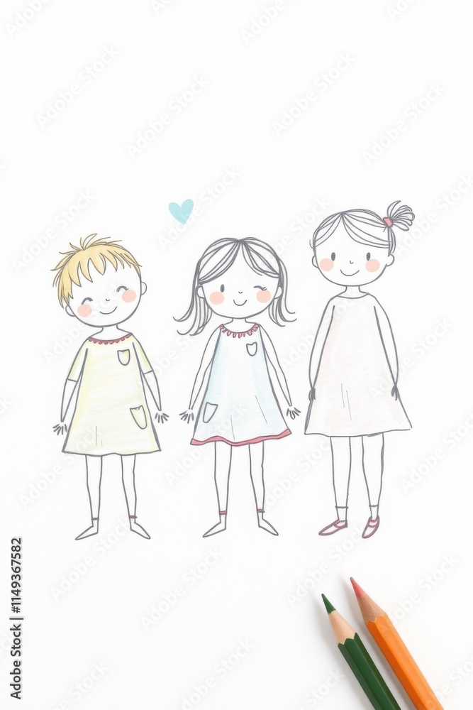Hand-drawn illustration of smiling children with colored pencils Hand-drawn illustration of smiling children with colored pencils
