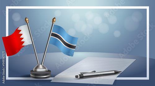 Bahrain and Botswana National flags on small table with bokeh background, cooperative relationship