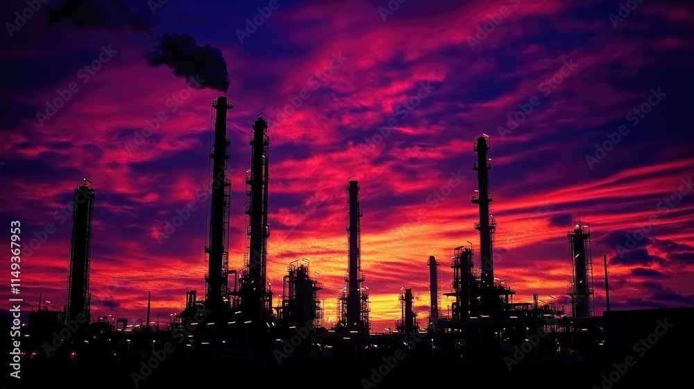 Stunning silhouette of a refinery complex against a vibrant dusk sky Stunning silhouette of a refinery complex against a vibrant dusk sky