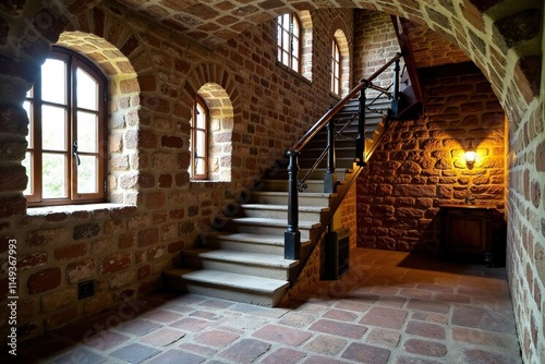 Treppenhaus im Bergbaudepot mit Fels und Erker, historisches museum, bergbaudepot photo