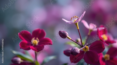Vibrant red and purple flowers in a soft-focus garden backdrop
