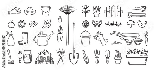 Gardener tools hand drawn doodle icons set. Hobby gardening. Garden items for plant care and backyard cleaning. Garden line clipart.