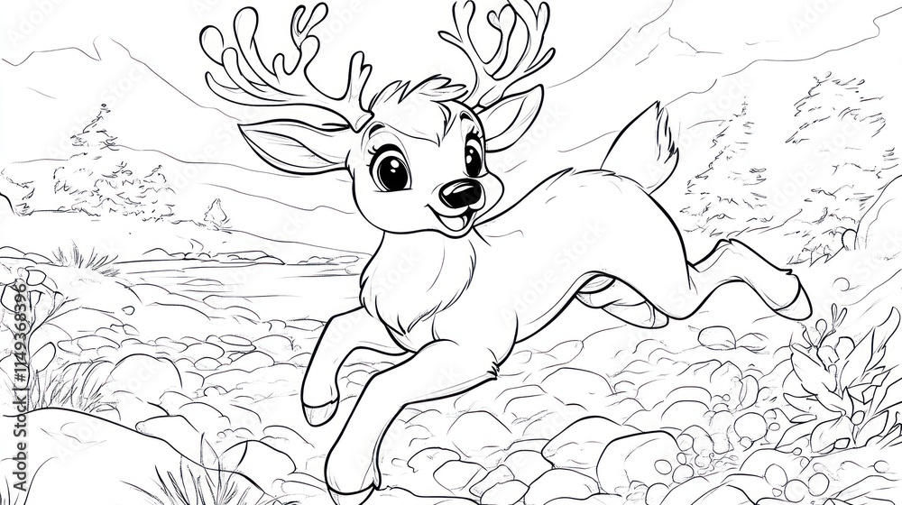 Fototapeta premium Cheerful Reindeer Jumping Over Rocks - Children's Coloring Book Page