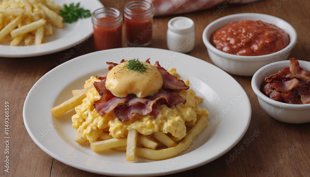 Fototapeta premium loaded breakfast french fries topped with bacon, scrambled eggs and cheese with ketchup on the side