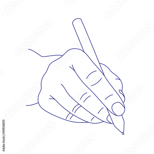 Pencil in hand. Someone writes or draws with a pen on a tablet. Contour vector illustration. Index, middle, ring, little fingers and thumb