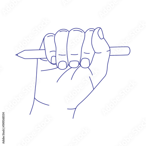 Pen or pencil in hand. Contour vector illustration. Index, middle, ring, little fingers and thumb