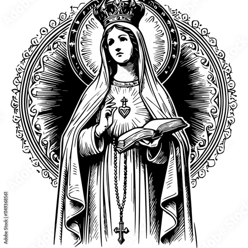 Detailed Line Art of Virgin Mary with Sacred Heart and Rosary