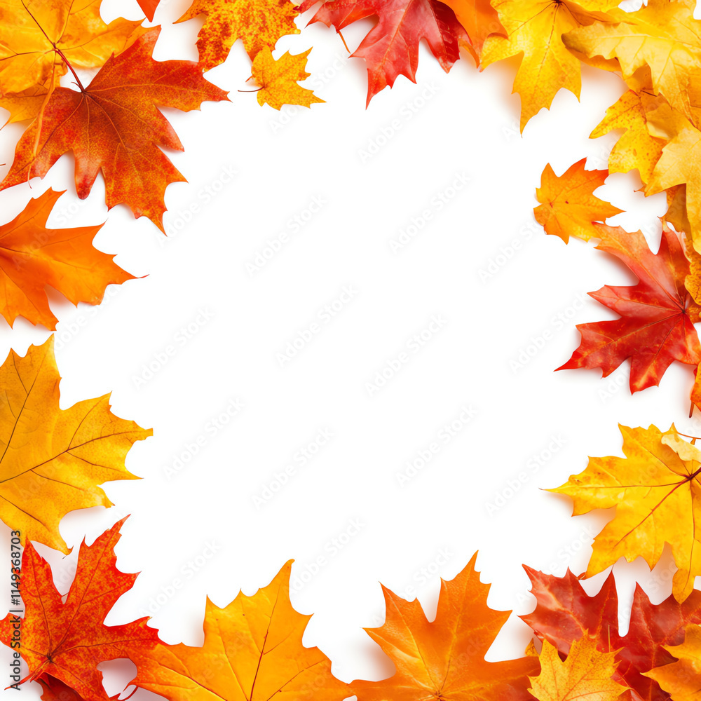 Colorful autumn leaves arranged in a circular frame on a white background. Colorful autumn leaves arranged in a circular frame on a white background.