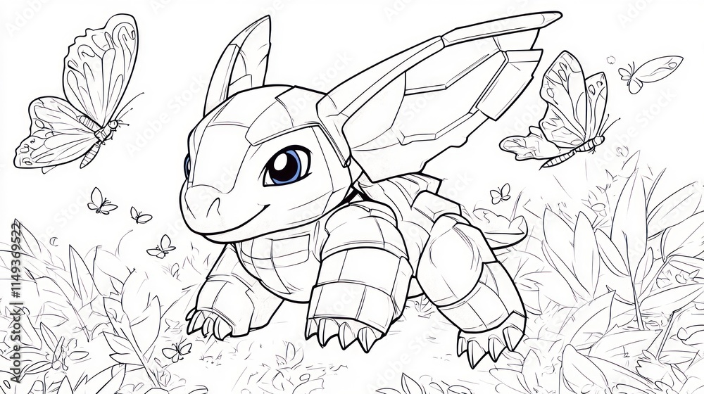 Fototapeta premium Cartoon Aardvark Joyfully Pursuing Butterflies - Coloring Book Page for Kids