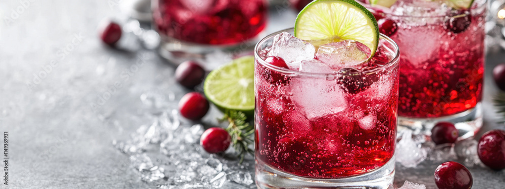 Refreshing cranberry cocktail with ice and lime, exuding a festive and vibrant mood against a cool, frosty background, perfect for holiday celebrations. Refreshing cranberry cocktail with ice and lime, exuding a festive and vibrant mood against a cool, frosty background, perfect for holiday celebrations.